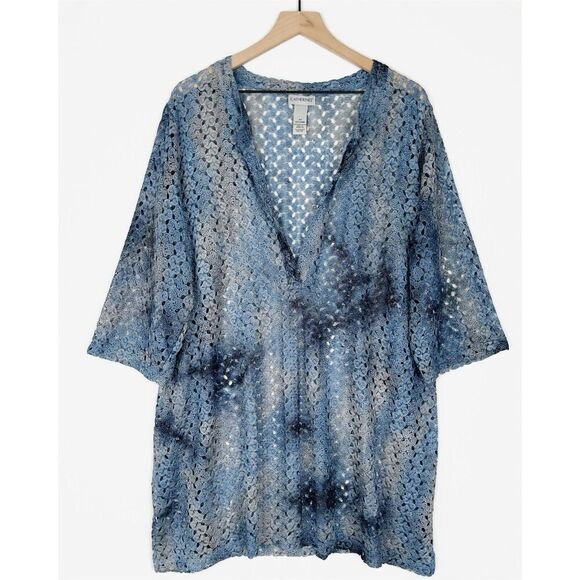 Catherines Top Womens 2X Blue‎ Shimmer Crochet Open Knit Boho Tunic Breathable - Picture 1 of 15
